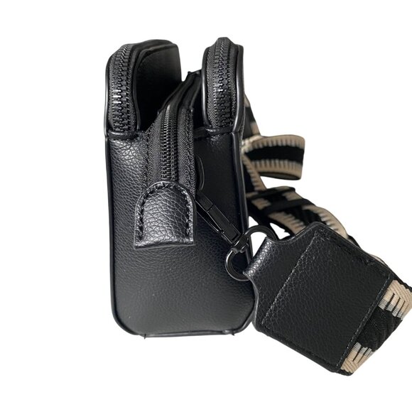 Small Black Leather Effect Crossbody Bag with Emblem & Wide Strap Neutral Travel - Picture 3 of 16